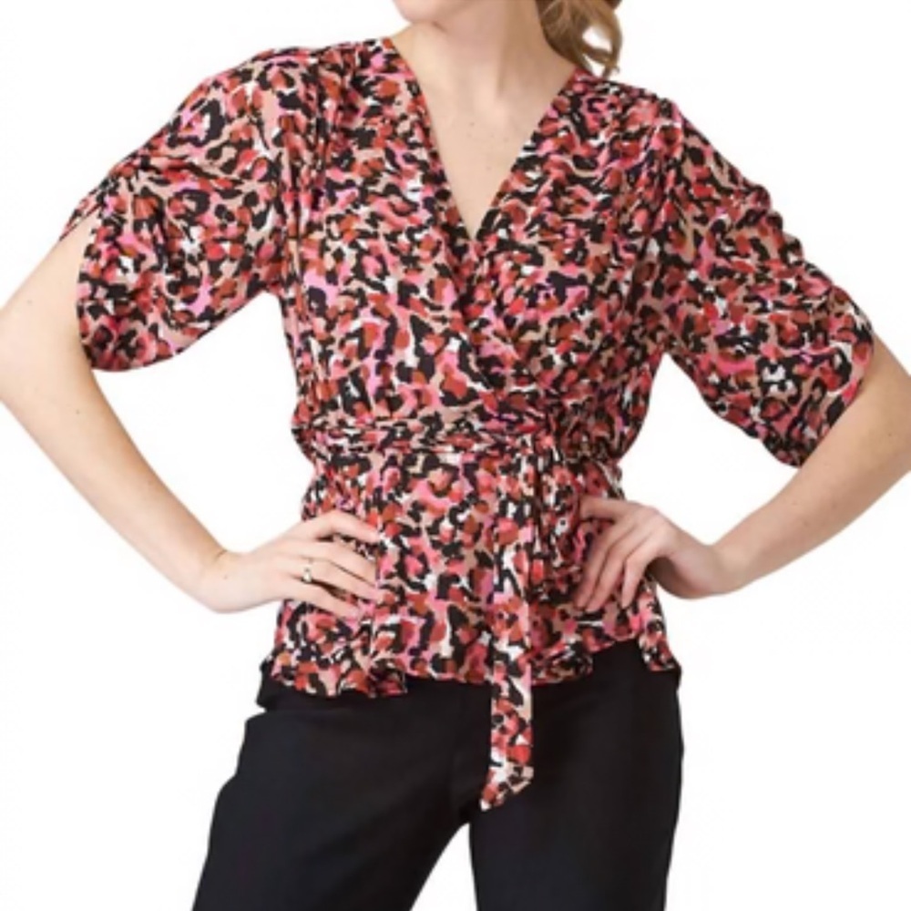 Joseph Ribkoff Animal Print Faux Wrap Peplum Blouse Size 10